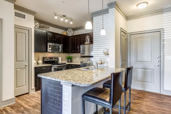 Gourmet kitchen with hardwood-style floors, granite countertops, contemporary cabinetry, and stainless steel appliances including a microwave, stove, oven, kitchen, dishwasher, and sink